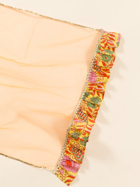 Girls Yellow Floral Printed Pure Cotton Kurti With Sharara With Dupatta